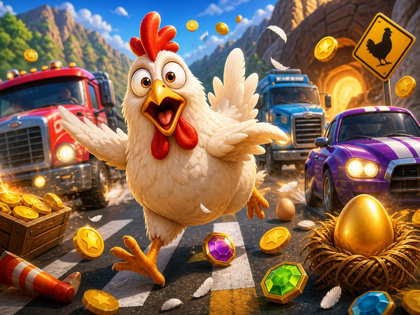 Funny chicken character on a road with traffic lanes and playful colorful background.