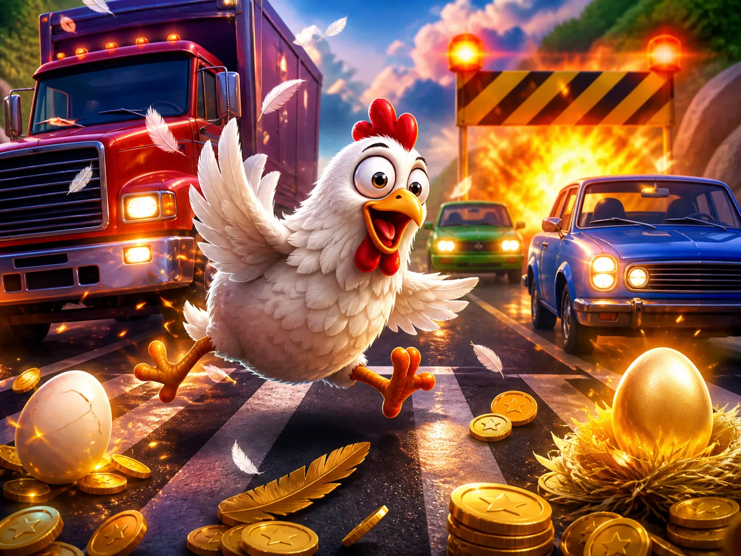 Vibrant artwork of a funny chicken character on a lively road, featuring playful traffic and colorful visuals from the Chicke