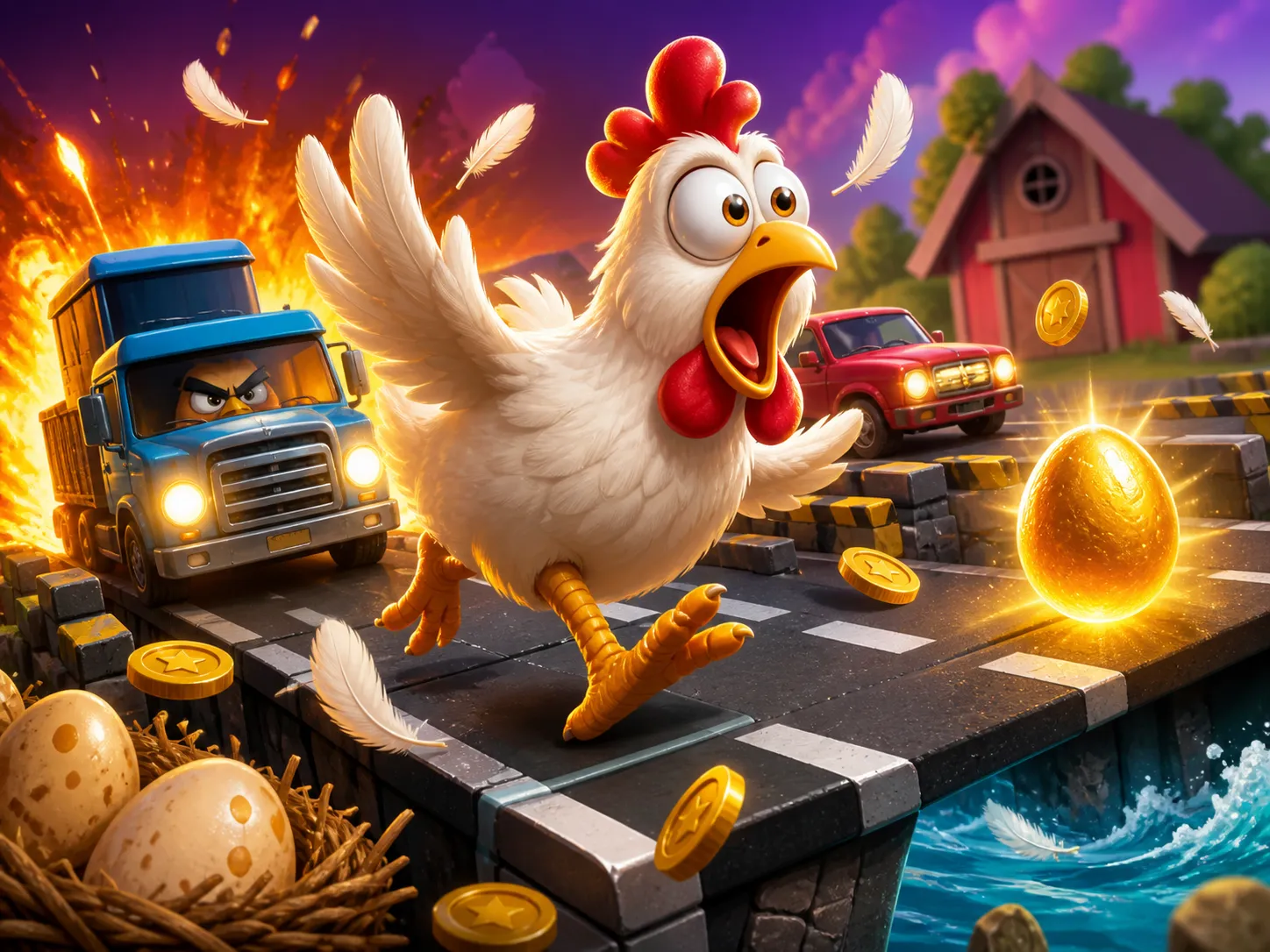 A vibrant promotional image of Chicken Road slot game featuring a comical chicken character dodging traffic on a bustling roa