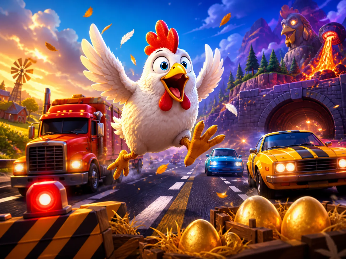 Cartoon chicken character crossing a vibrant road filled with traffic cones and feathers for the Chicken Road slot game.